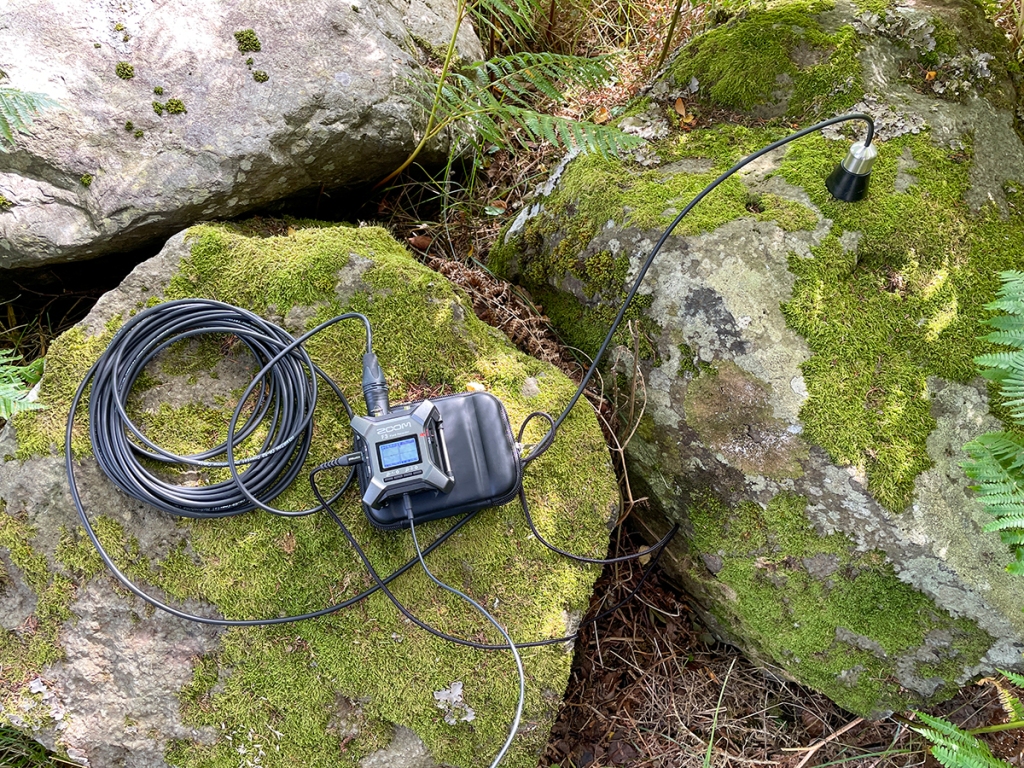 A coil of microphone cable sits on a mossy rock with an audio recorder and a microphone.